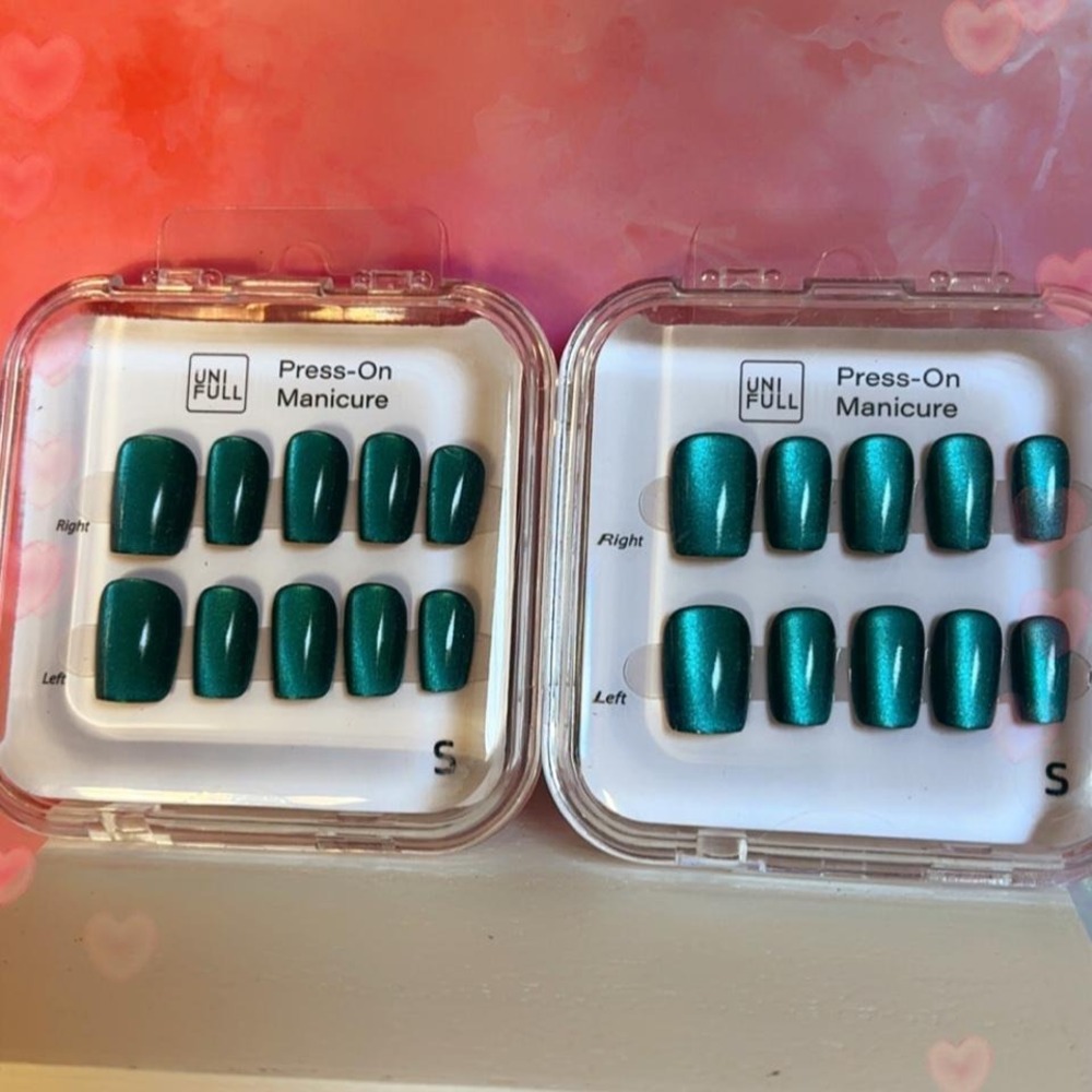 BUNDLE OF 2 SETS OF DEEP TEAL GREEN CATS EYE HANDMADE PRESS ON NAILS SMALL NEW